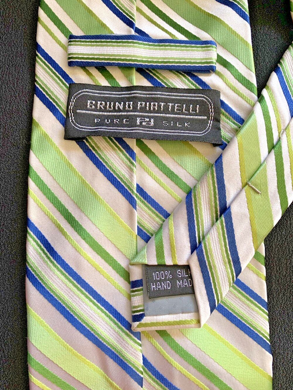 Bruno Piattelli Handmade Silk Neck Tie Green Blue Pastel Stripe Designer Classic